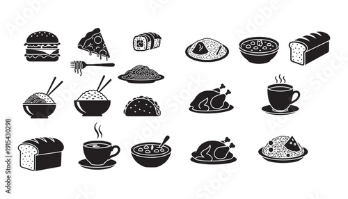 Black and white food icons on white background