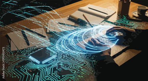 Innovative digital workspace with glowing circuit board patterns and swirling data streams, representing advanced technology, data processing, and future connectivity.