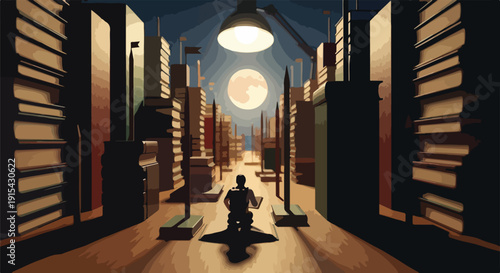 Mysterious figure walks down a dimly lit library aisle with towering bookshelves under a full moon.