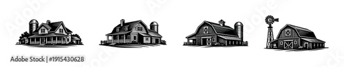 Farmhouse flat vector icons set: rustic barn and countryside silhouettes collection