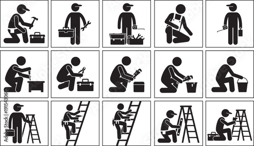 Professional handyman and construction worker icon set, black silhouette repair tools maintenance service symbols collection