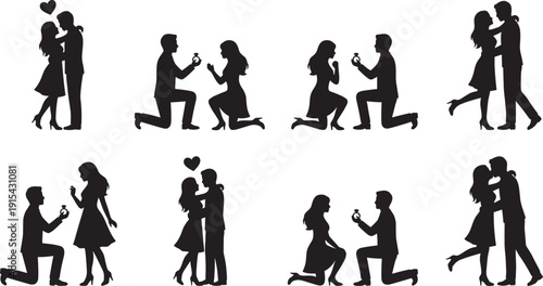 Romantic couple engagement and proposal silhouette set, love wedding moments isolated on white background illustration