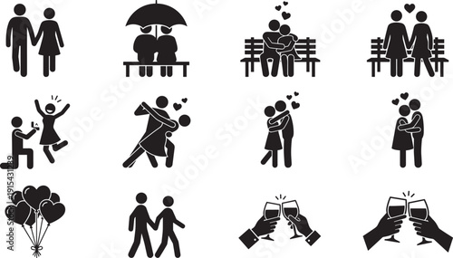 Romantic couple love and proposal silhouette icons set, wedding relationship moments isolated on white background illustration
