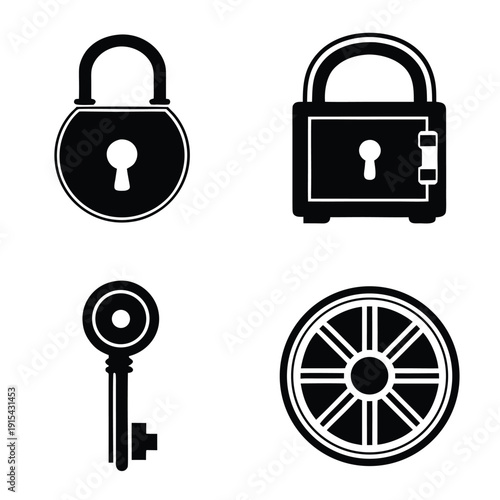 Four black and white lock and key including padlocks and a wheel lock