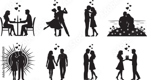 Romantic couple silhouette icons set, black love scenes dating dancing kissing proposal and relationship moments collection