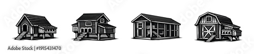 Henhouses collection: flat vector icons set of chicken coops and barns