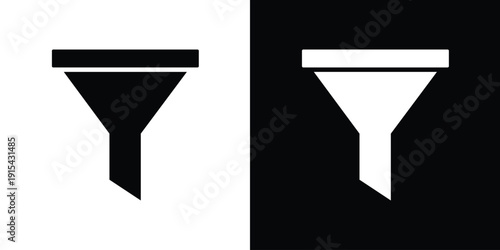 Filter icon for data sorting and search refinement in software apps. Solid black and white funnel symbol for e-commerce categories, database filtering, and analytics tools.