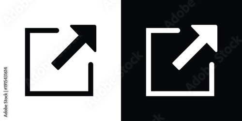 External link icon with arrow pointing out of a square box. Black and white linear symbol for redirect, share, export, and open in new window button for web design.