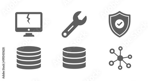 Technology and Security Icons Set Grayscale Isolated White Background