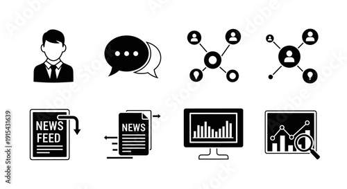 Business Communication and Data Analysis Icons Set Grayscale Isolated White Background