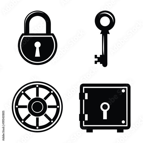 Four black and white of a lock, key, combination lock, and safe security