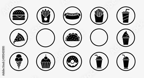 Set of Fast Food Icons in Circles, in bright studio