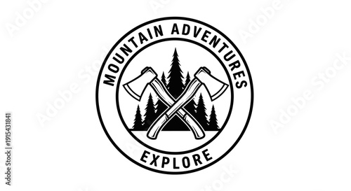 Mountain Adventures Explore Outdoor Logo with Crossed Axes on Isolated White Background