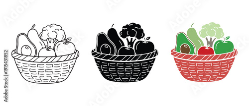 Three baskets of fruit and vegetables in different colors and styles