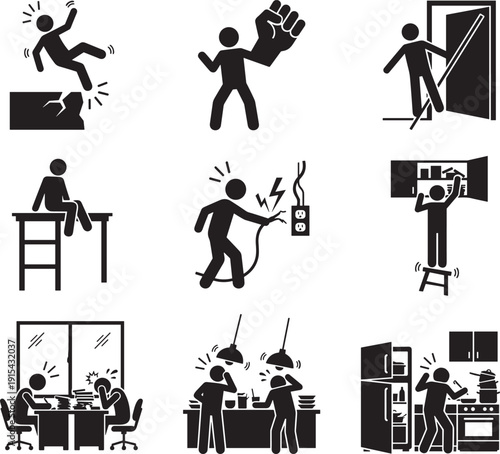Workplace and home accident hazard silhouette icons set, safety risk warning isolated on white background illustration