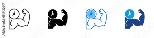 Strength Training Multiple Style Icon Design Vector - Flexed arm with clock representing strength training, time efficiency, and workout discipline