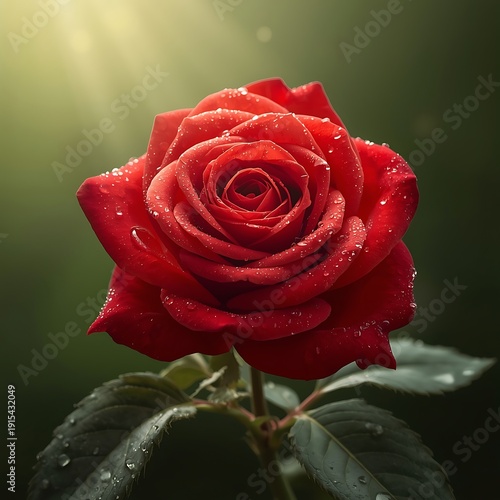 Vibrant Red Rose with Dew Drops Illuminated by Golden Sunlight