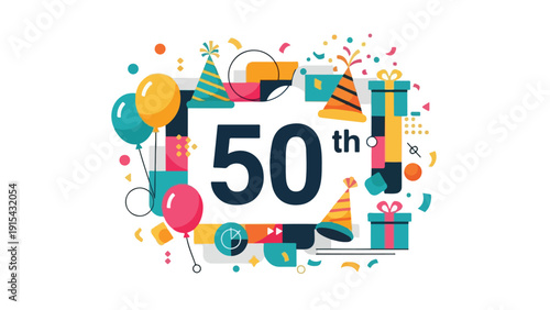 50th Anniversary Celebration Design with Balloons Confetti and Gifts