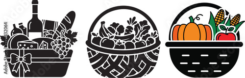 Three black and white illustrations of baskets with food items  fruit and vegetables