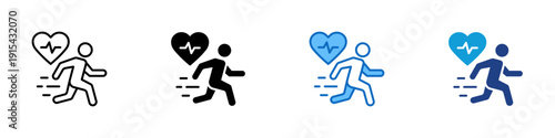 Running Health Multiple Style Icon Design Vector - Running person with heart pulse representing active lifestyle, cardiovascular fitness, and endurance training