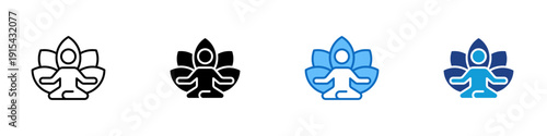 Meditation Pose Multiple Style Icon Design Vector - Person in lotus position with flower representing meditation practice, mindfulness balance, and mental relaxation