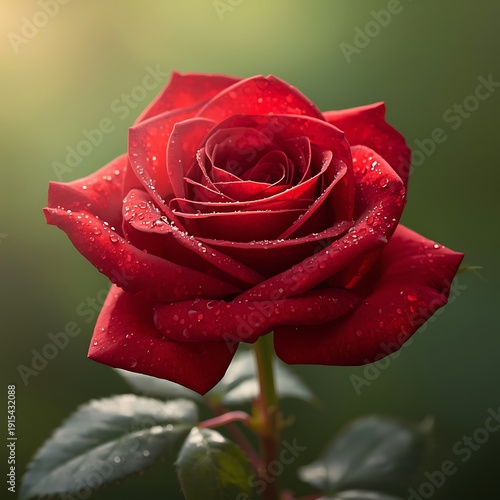 Close-up photograph of a vibrant red rose with dew drops, showcasing its intricate petal structure and lush green leaves in soft, natural light