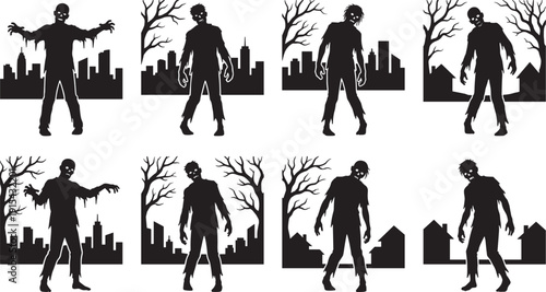 Zombie silhouette character set, black undead figures in urban and rural horror background scenes