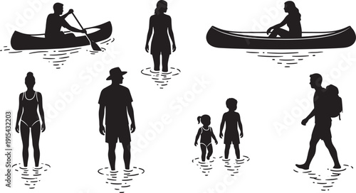 Water activity and people silhouette set, canoeing wading family adventure isolated on white background illustration