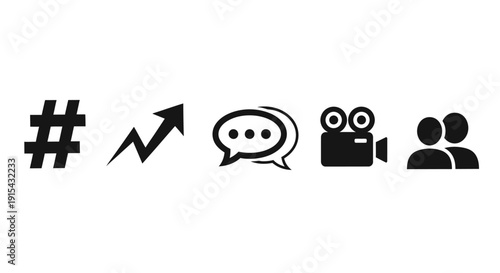 Social Media, Trends, and Communication Black Silhouette Icons Set on Isolated White Background