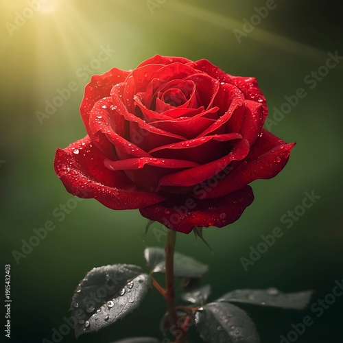 Captivating high-resolution close-up of a vibrant red rose, adorned with glistening water droplets and illuminated by a golden sunbeam, symbolizing love and natural elegance