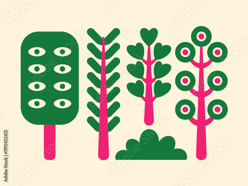 Whimsical Tree Vector Illustration with Eyes and Leaves