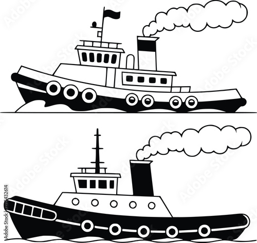Tugboat Vector Illustrations Black White Nautical Ships
