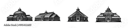 Greenhouse architecture. flat vector icons set of botanical conservatory designs