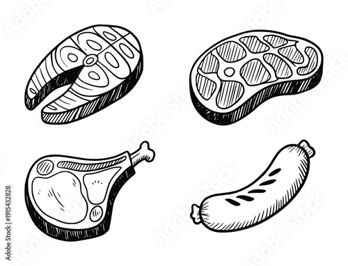 Hand Drawn Meat and Sausage Vector Illustration