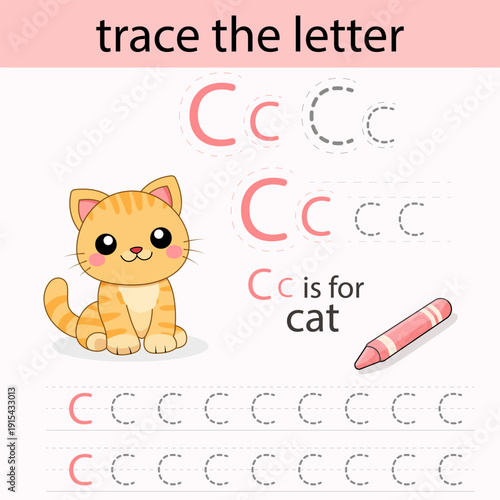 Letter C Tracing Worksheet with Cute Cat Illustration