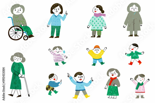 Diverse group of people illustrations showing different ages abilities and clothing styles