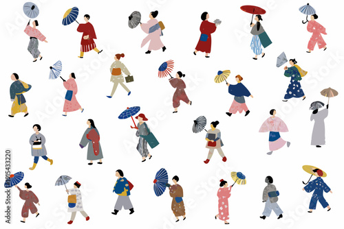 A stylized illustration depicting numerous people in traditional japanese clothing holding colorful umbrellas