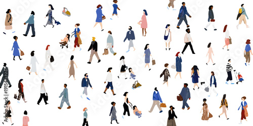 A large crowd of diverse people walking in various directions against a black background