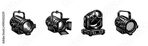 Flat vector icons set: studio lighting equipment, lamps, spotlights, and theatre lights