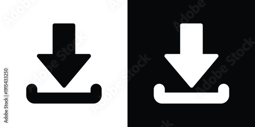 Minimalist solid download icon with downward arrow. Essential graphic for file saving, data retrieval, and digital installs. High-contrast black and white vector for apps and website interfaces.