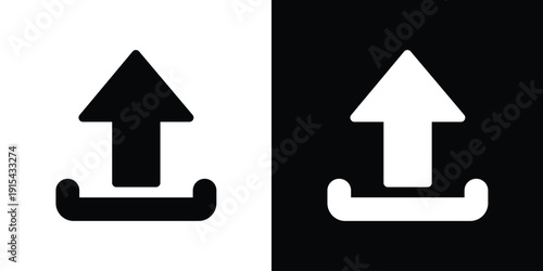 Clean solid upload icon featuring an upward arrow and tray. Professional symbol for data transfer, cloud sharing, and file publishing. Minimalist black and white vector for modern web design.