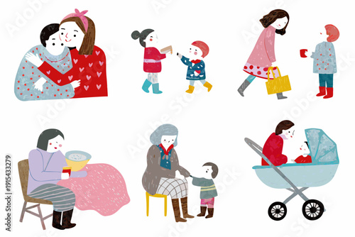 Stylized illustration depicting various generations of women and children in different scenarios