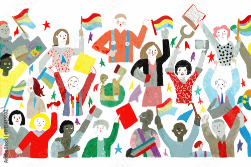 Diverse crowd of people holding flags and signs during a vibrant colorful protest or rally