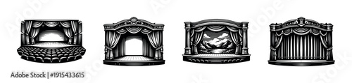 Theater stage vector icons set. flat vintage theater curtains and scene illustration elements