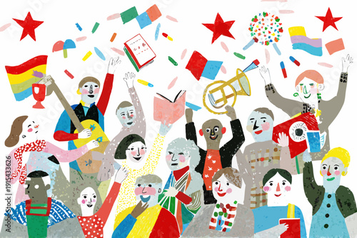Celebratory crowd illustration with flags stars confetti and musical instruments conveying joy