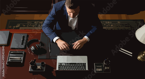 Professional businessman working diligently on his laptop at an elegant executive desk in a dimly lit office, focused on tasks.