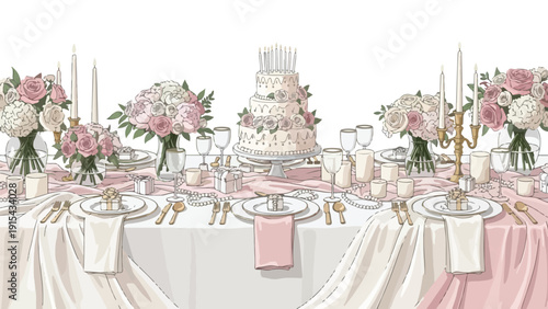 Elegant wedding table setting with pink and white decorations, floral arrangements, and a multi-tiered cake on a white background.