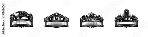 Theater marquee icons collection. flat vector icons set of cinema, show, live performance designs