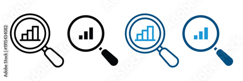 Data analysis magnifying glass icon vector. Bar chart with loupe symbol for market research, financial inspection, business audit, and SEO analytics set. Vector Illustration.