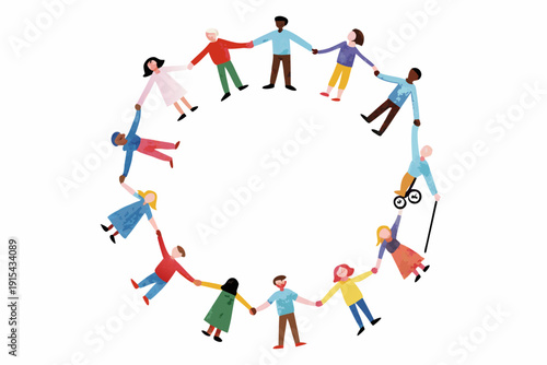 Diverse group of people holding hands in a circle symbolizing unity and togetherness